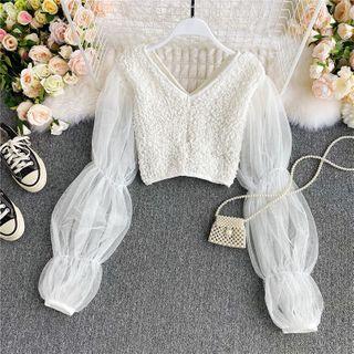 V-neck Lace Puff Long-sleeve Crop Top