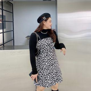 Long-sleeve Mock-neck Knit Top / Spaghetti Strap Leopard Print Mini A-line Dress
