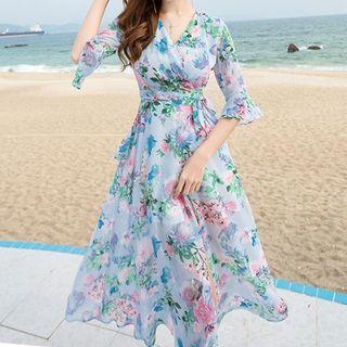 V-neck Printed Elbow-sleeve Sundress