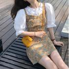 Set: Short-sleeve Plain Blouse + Flower Print Mini Overall Dress