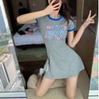 Lettering Print Color-block Trim Crewneck Short-sleeve Dress