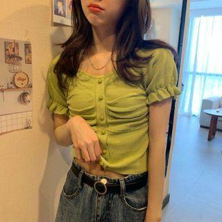 Short-sleeve Shirred Plain Knit Crop Top