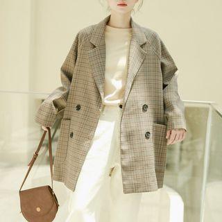 Plaid Double-breasted Long Blazer