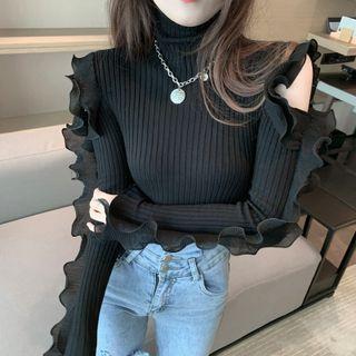 Turtleneck Cold-shoulder Ruffle Trim Knit Top
