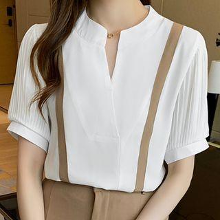 Crinkled Elbow-sleeve Open-collar Shirt