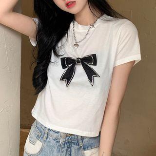 Short-sleeve Detachable-bow T-shirt