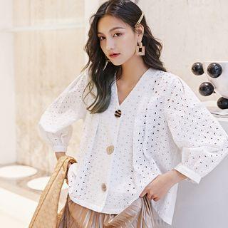 Eyelet V-neck Long-sleeve Blouse