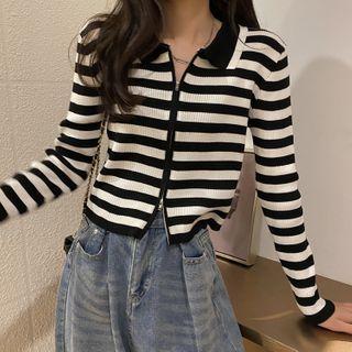 Striped Collared Zip Cardigan