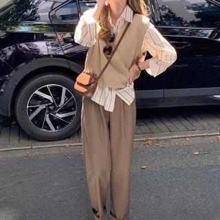 Striped Shirt / Plain Sweater Vest / Dress Pants