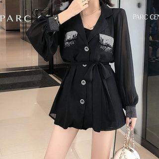 Set: Long-sleeve Rhinestone Blouse + Shorts