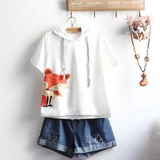 Printed Hooded Short-sleeve T-shirt / Drawstring Shorts / Set: Printed Hooded Short-sleeve T-shirt + Drawstring Shorts