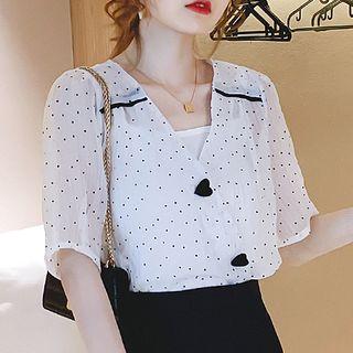 Short-sleeve V-neck Dotted Blouse