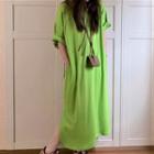 Elbow-sleeve Slit T-shirt Dress Apple Green - One Size