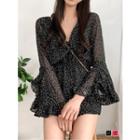 Bell-sleeve Frill-trim Dotted Playsuit