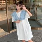 Elbow-sleeve Mock Two-piece Denim Panel T-shirt White - One Size