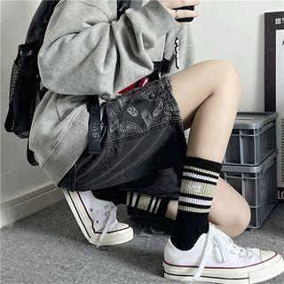 Paisley Print Panel Denim Straight Leg Shorts