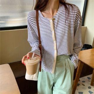 Striped Cardigan / Plain Loose-fit Pants