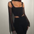 Mesh Panel Cold-shoulder Long-sleeve Crop Top