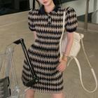 Puff-sleeve Polo Neck Argyle Mini A-line Dress Black & Gray - One Size