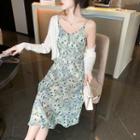 Plain Cardigan / Floral Chiffon Spaghetti-strap Dress