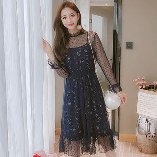 Set: Long-sleeve Midi A-line Mesh Dress + Spaghetti Strap Printed Dress