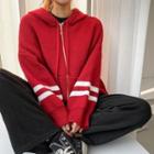 Drop-shoulder Stripe-trim Knit Hoodie