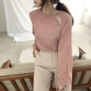 Striped Off-shoulder Loose-fit Long-sleeve Blouse