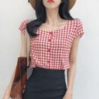 Gingham Short-sleeve Blouse Red - One Size