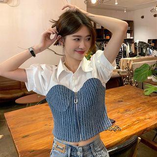 Puff-sleeve Mock Two-piece Denim Shirt