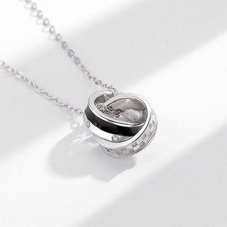 Hoop Rhinestone Pendant Sterling Silver Necklace 1pc - Silver & Black - One Size