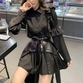 Set: Ruffled Mini Shirt Dress + Tie-waist Belt