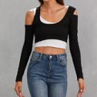 Set: Cold-shoulder Long-sleeve Cropped Top + Tank Top