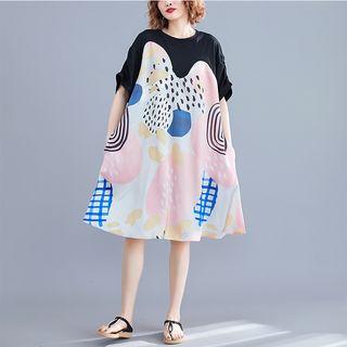 Patterned Short-sleeve Shift Dress As Shown In Figure - One Size
