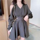 Cut Out Long-sleeve A-line Dress Dark Gray - One Size