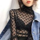 Long-sleeve Crescent Print Sheer Top Khaki - One Size
