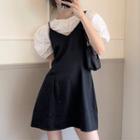 Puff-sleeve Crop Top / Spaghetti Strap Mini A-line Dress