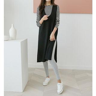 U-neck Slit-side Pinafore Dress Black - One Size