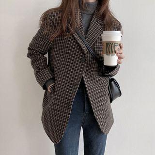 Plaid Single-breasted Blazer Plaid - Dark Gray - One Size