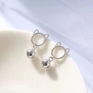925 Sterling Silver Cat & Bell Drop Earring Silver - One Size