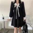 Lapel Bow Accent Long-sleeve Dress