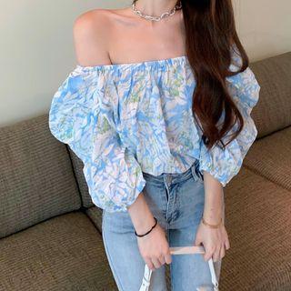 Elbow-sleeve Off Shoulder Floral Blouse Blue - One Size