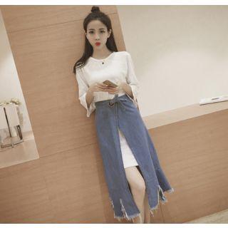 Set: 3/4-sleeve Long T-shirt + Slit Front Midi Denim Skirt