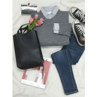 V-neck Drop-shoulder Rib-knit Sweater