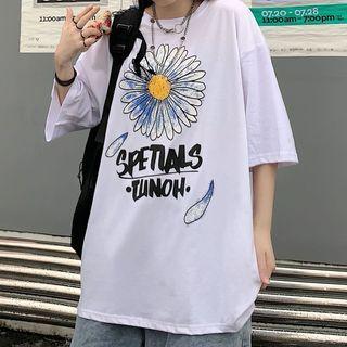 Elbow-sleeve Floral Letter Print T-shirt
