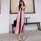 Spaghetti Strap Lace Trim Maxi Dress Pink & Black - One Size