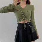 Drawstring Long-sleeve Crop Top Green - One Size