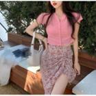 Short-sleeve Button-up Knit Top / Floral Print Skirt