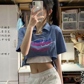 Mock Two-piece Short-sleeve Lettering Crop Polo Shirt