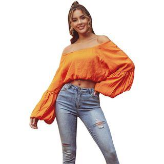 Off-shoulder Lantern-sleeve Crop Top