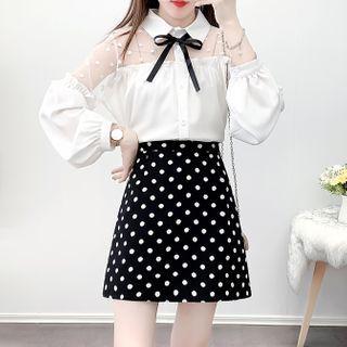 Set: Long-sleeve Dotted Sheer Panel Blouse + Dotted A-line Mini Skirt